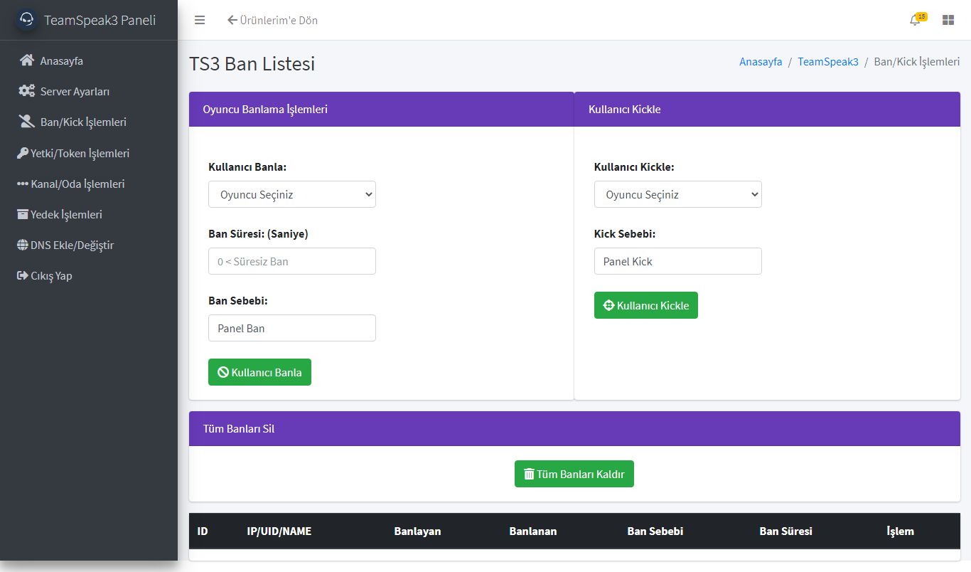 Teamspeak3 Panel Ban Ayarları