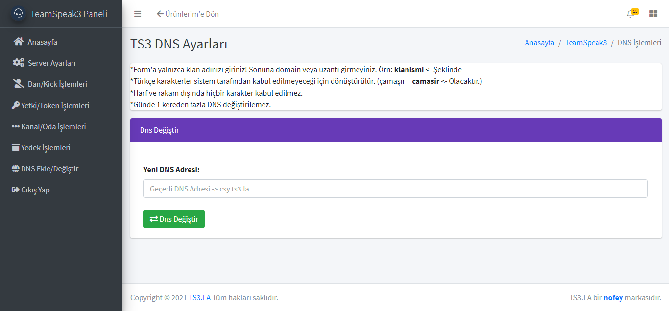 Teamspeak3 Panel DNS Ayarları