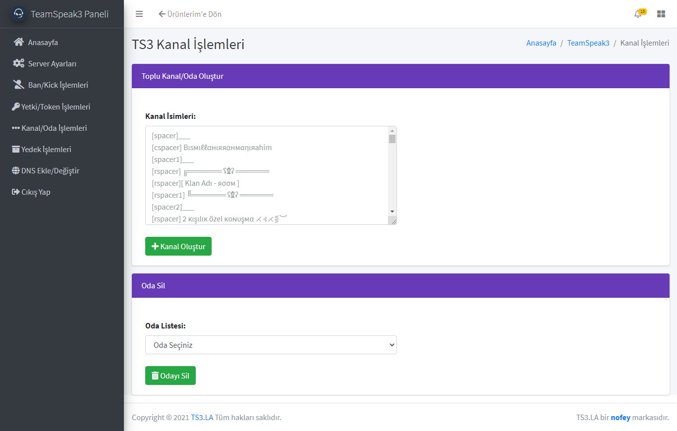 Teamspeak3 Panel Kanal, Oda Ayarları